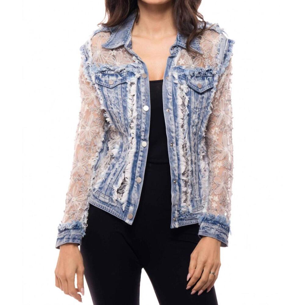 NEW J'ADORE embroidered denim and lace bohemian jacket in sheer floral